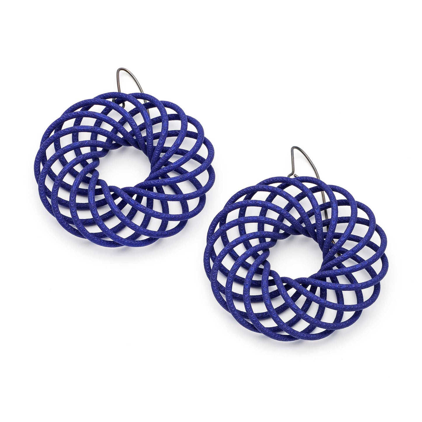 Large blue Vortex 3D printed nylon earrings by Katy Luxton