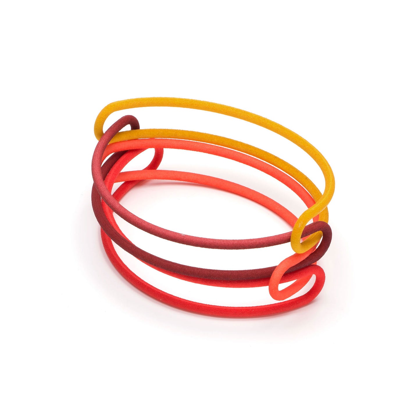 Rainbow colours of the nylon and silver loop bangle by Katy Luxton