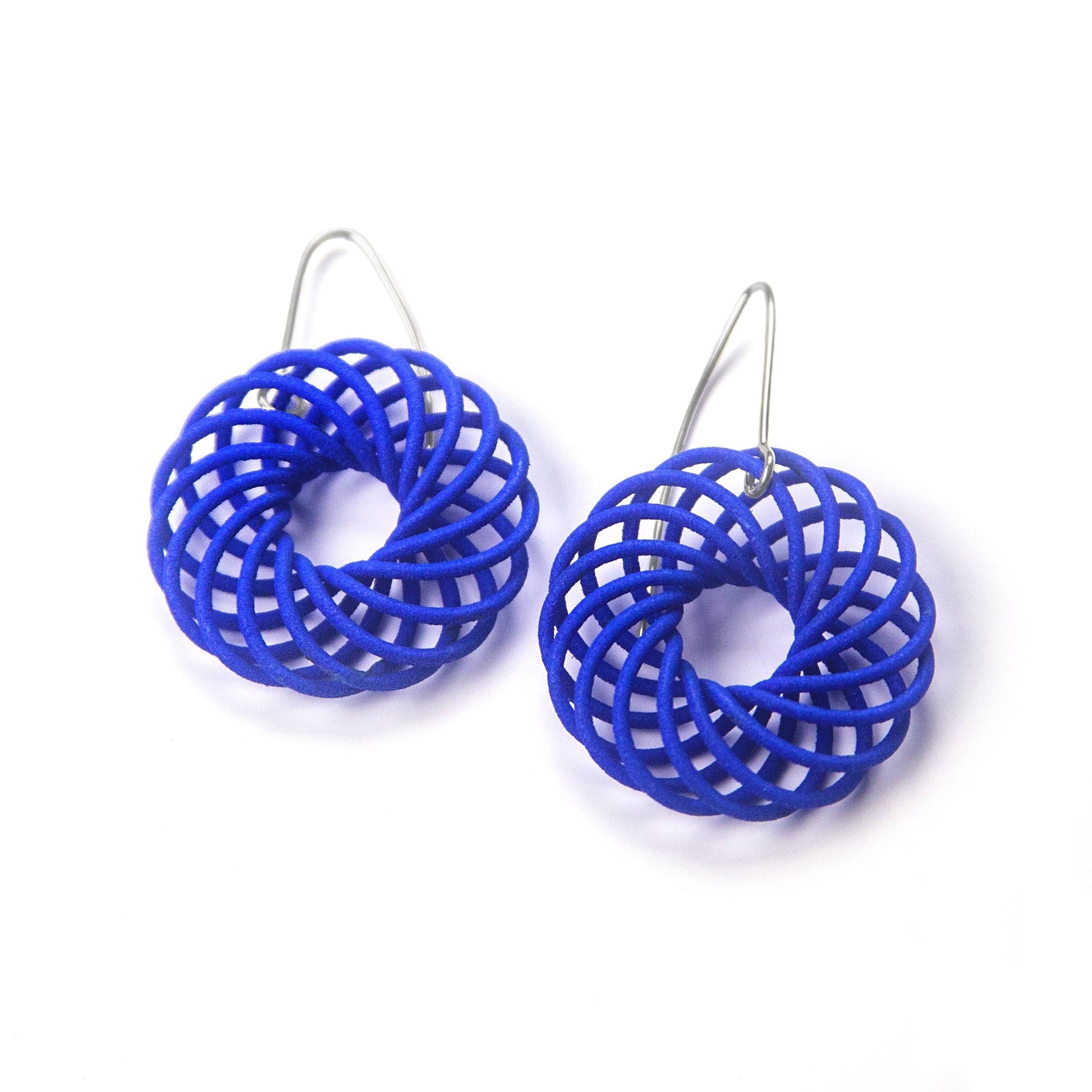 Small blue Vortex 3D printed nylon earrings by Katy Luxton