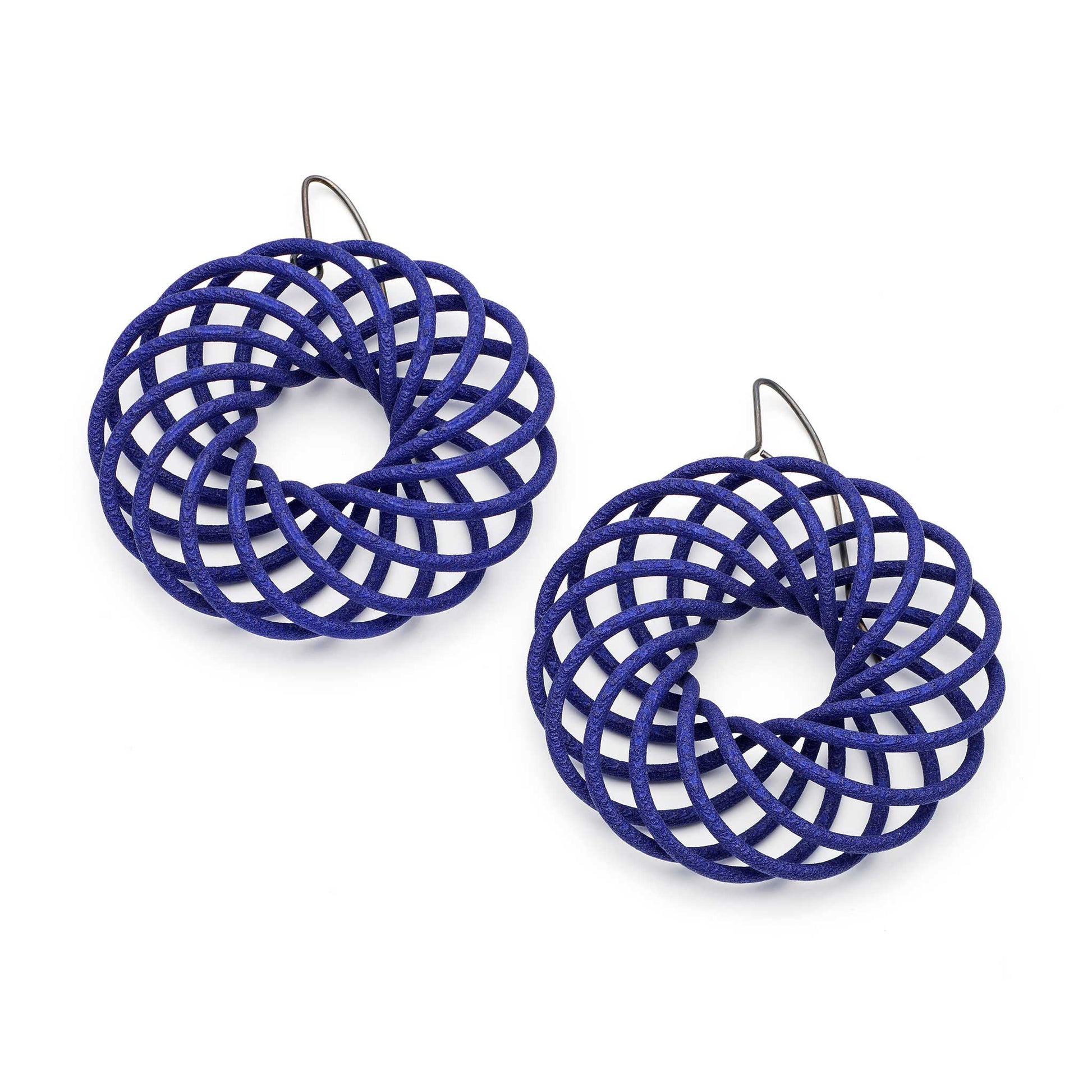 Large blue Vortex 3D printed nylon earrings by Katy Luxton 
