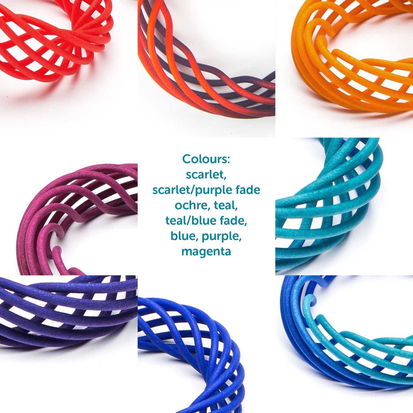 Vortex 3D printed nylon jewellery colour range – scarlet, scarlet / purple fade, ochre, teal, teal / blue fade, blue, purple, magenta