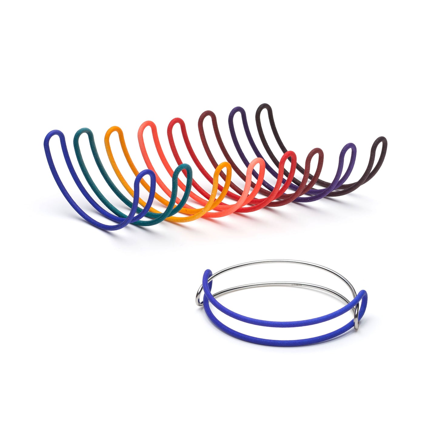 Rainbow colours of the nylon and silver loop bangle by Katy Luxton