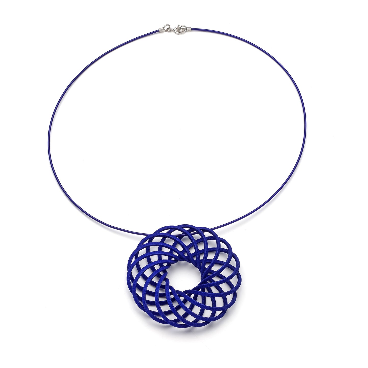 Large blue 3D printed vortex pendant by Katy Luxton