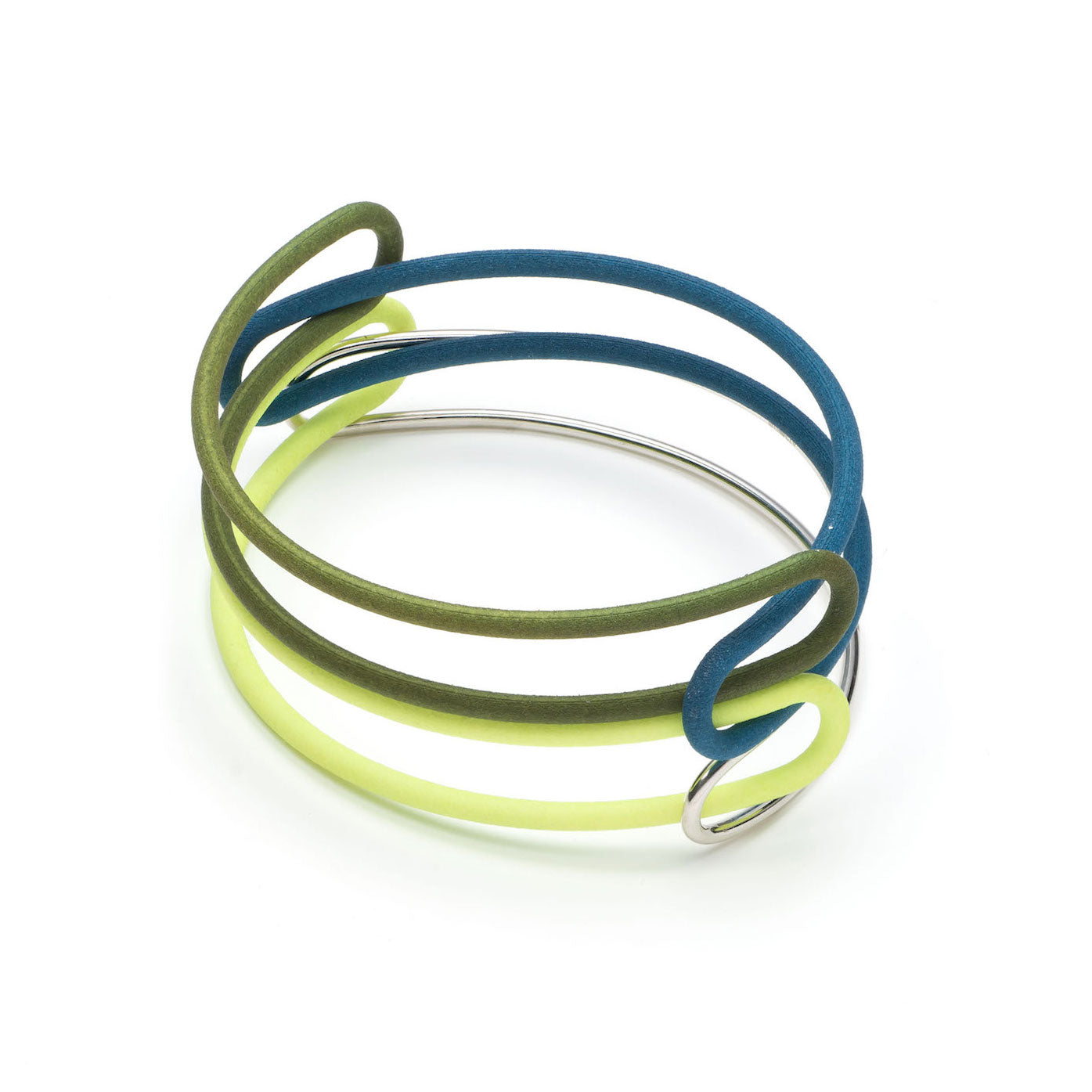 Rainbow colours of the nylon and silver loop bangle by Katy Luxton