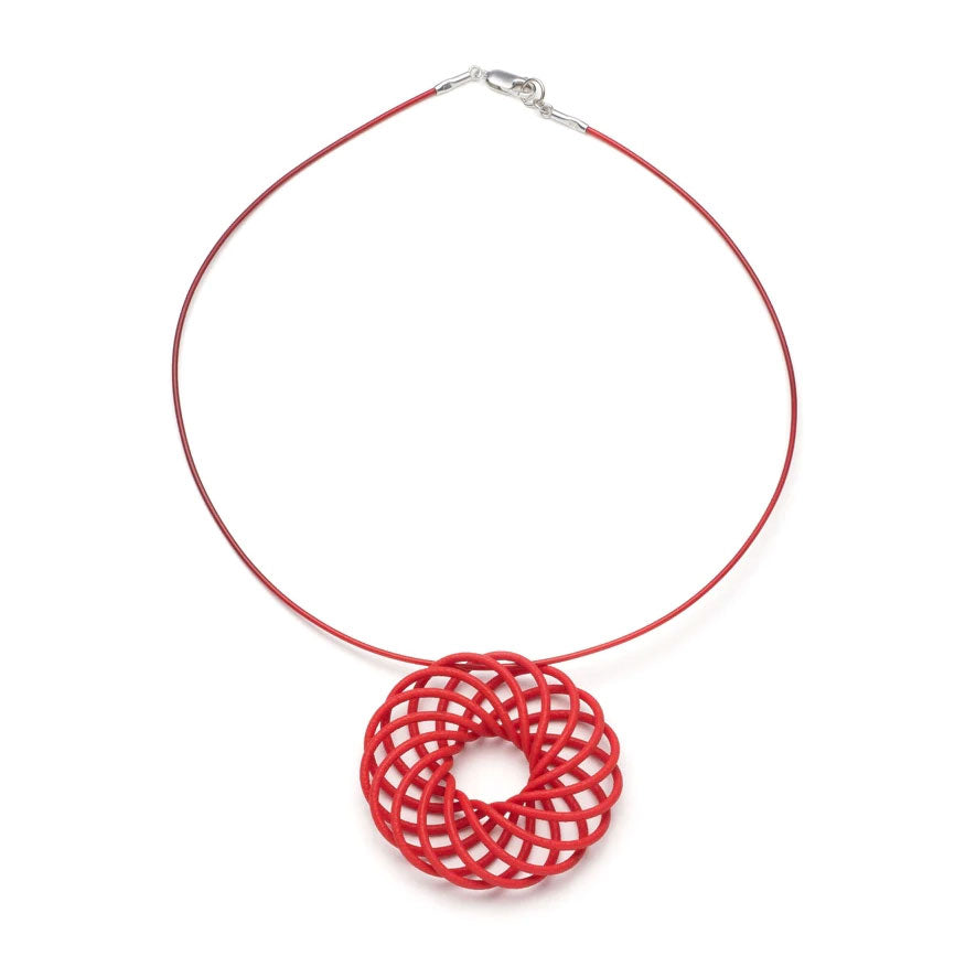 Red Vortex 3D printed nylon pendant by Katy Luxton