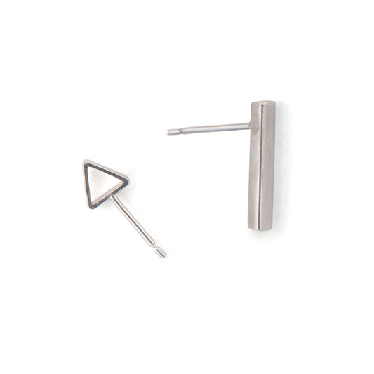 Triangle Bar and Triangle Tube mismatched silver earrings
